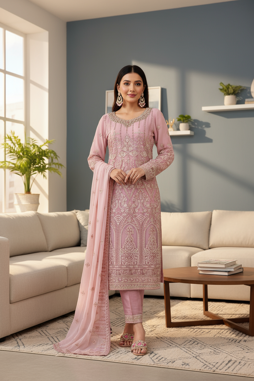 Dusty Pink Embroidered Chiffon 3 Piece Suit with Raw Silk Trouser KF-559