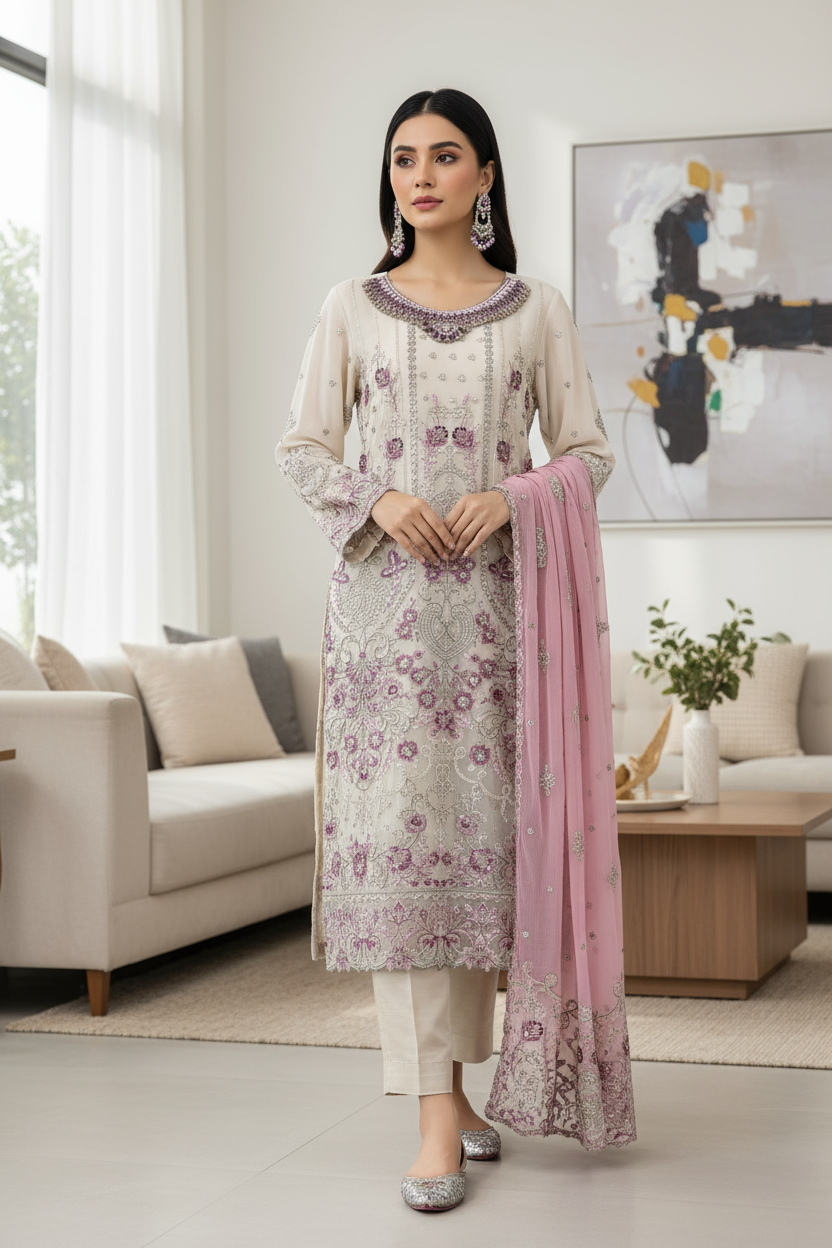 Beige Embroidered Chiffon Suit with Pink Dupatta and Raw Silk Trouser KF-560