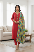 Red Raw Silk 3 Piece Fancy Suit with Kundan Buttons KF-561