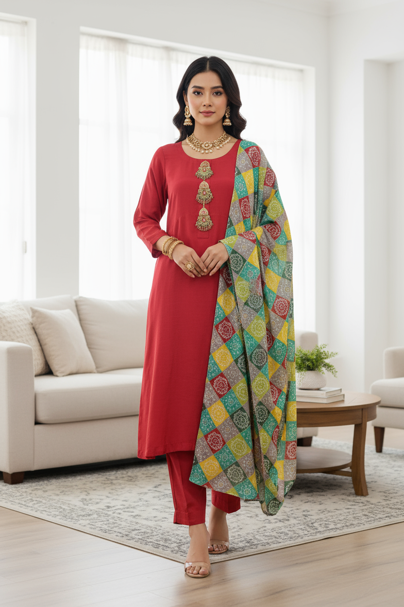 Red Raw Silk 3 Piece Fancy Suit with Kundan Buttons KF-561