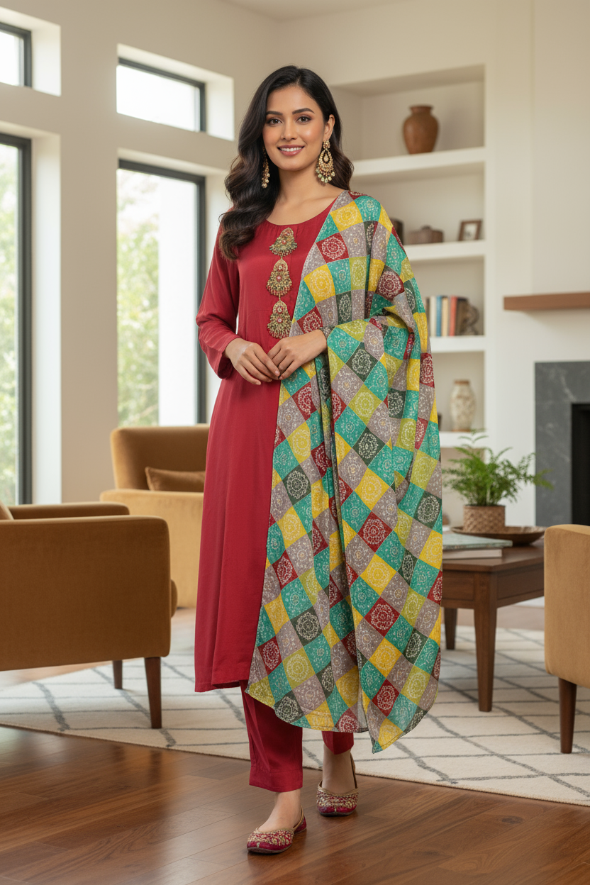 Red Raw Silk 3 Piece Fancy Suit with Kundan Buttons KF-561