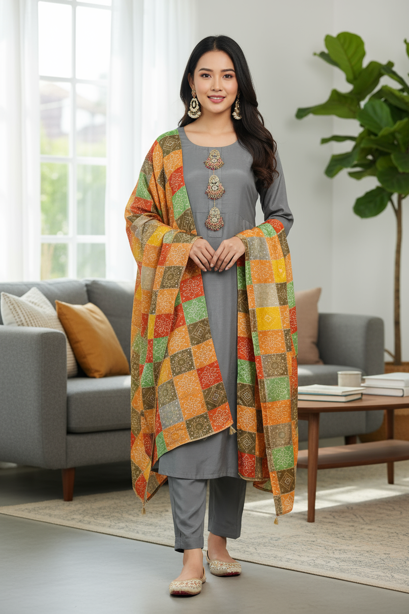 Steel Grey Raw Silk 3 Piece Fancy Suit with Kundan Buttons KF-563