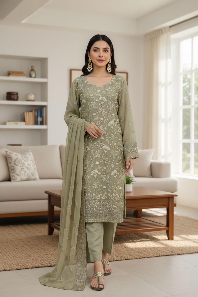 Mehndi Green Embroidered Chiffon 3 Piece Suit with Raw Silk Trouser KF-565