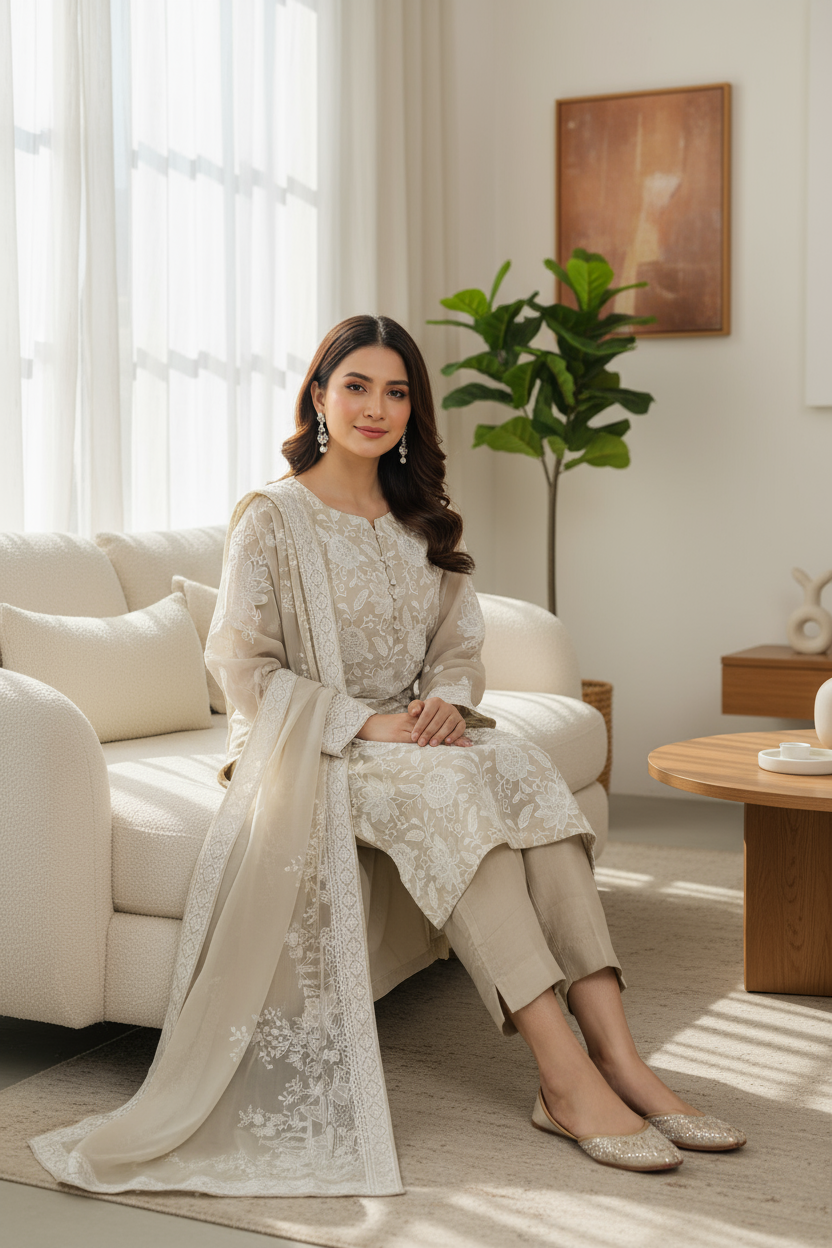 Beige Embroidered Chiffon 3 Piece Suit with Raw Silk Trouser KF-567