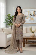 Taupe Embroidered Chiffon 3 Piece Suit with Raw Silk Trouser KF-569