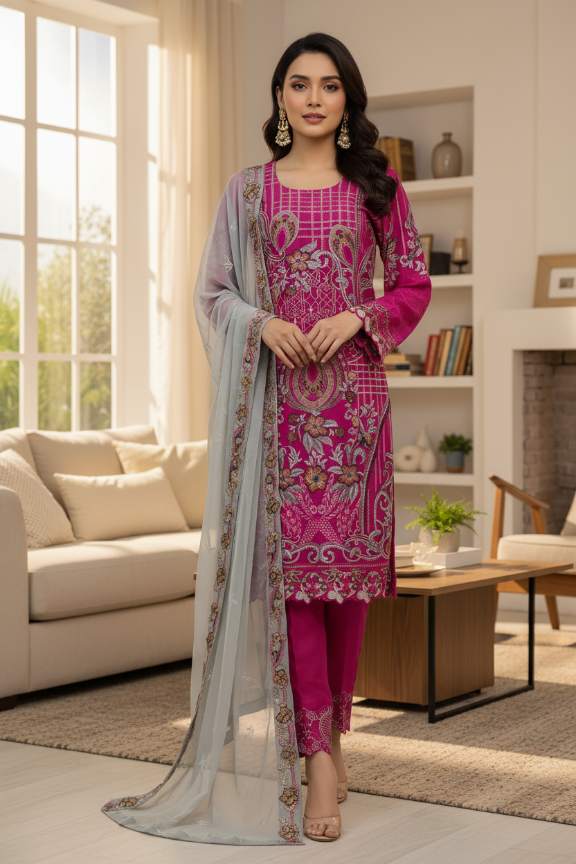 Magenta Embroidered Chiffon Suit with Grey Dupatta and Raw Silk Trouser KF-571