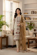 Off White Embroidered Chiffon Suit with Gold Dupatta and Raw Silk Trouser KF-572