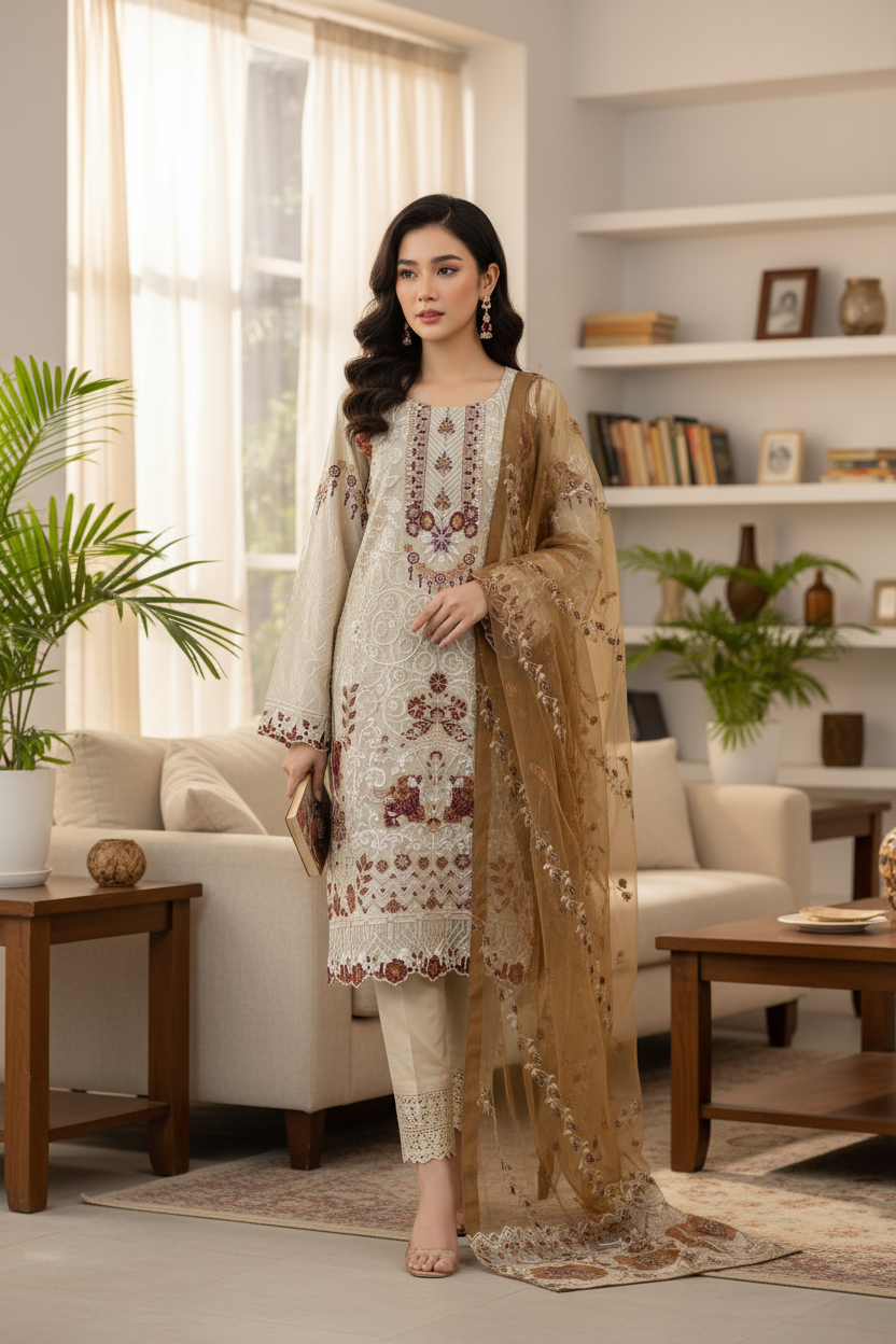 Off White Embroidered Chiffon Suit with Gold Dupatta and Raw Silk Trouser KF-572