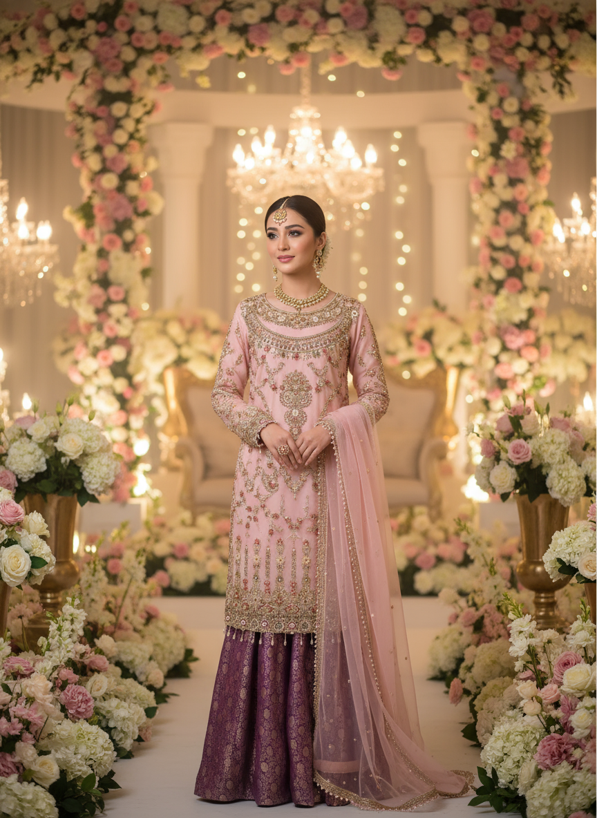 Pink and Purple Fancy Net Suit with Jamawar Palazzo KF-7483