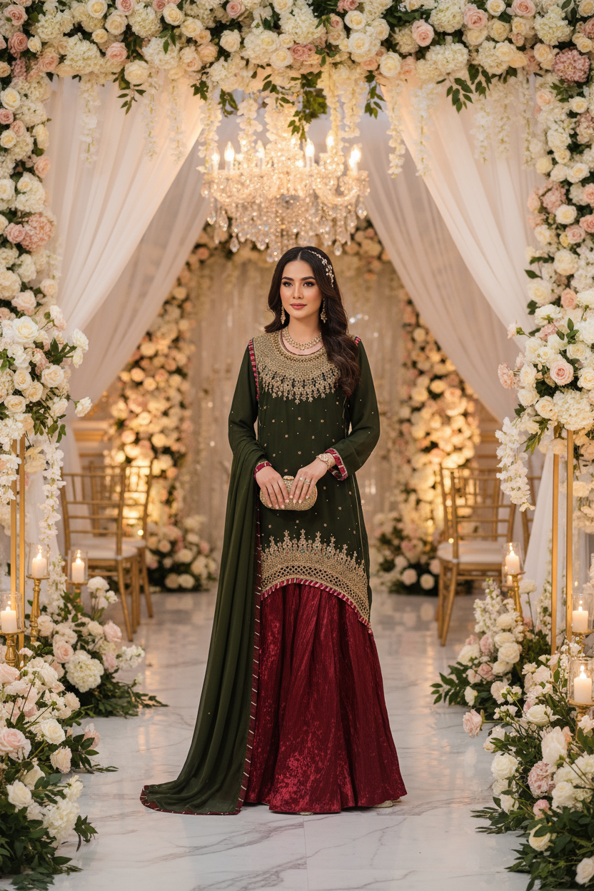 Dark Green Handwork Chiffon Suit with Maroon Crush Palazzo KF-810