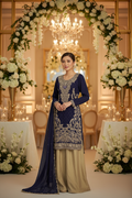 Navy Blue Handwork Chiffon Suit with Golden Raw Silk Palazzo KF-812