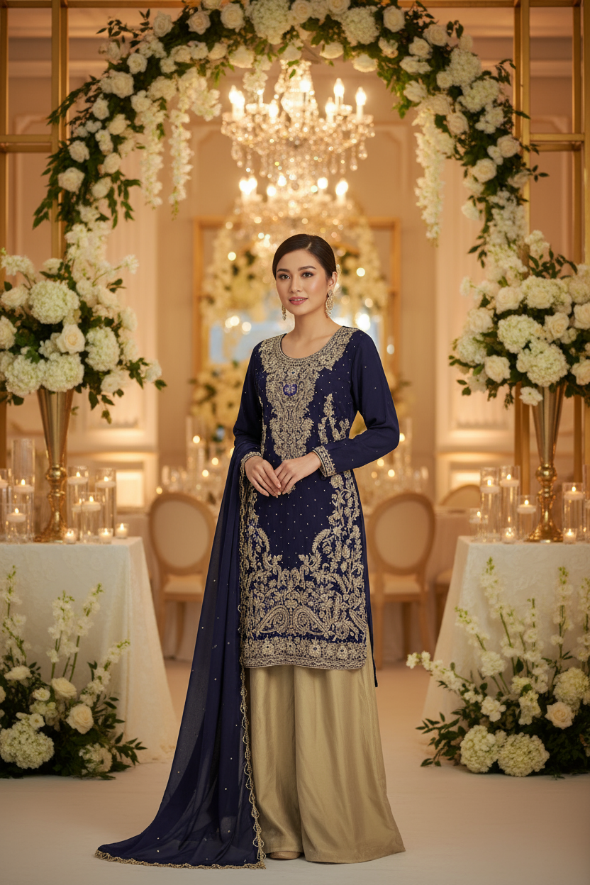 Navy Blue Handwork Chiffon Suit with Golden Raw Silk Palazzo KF-812