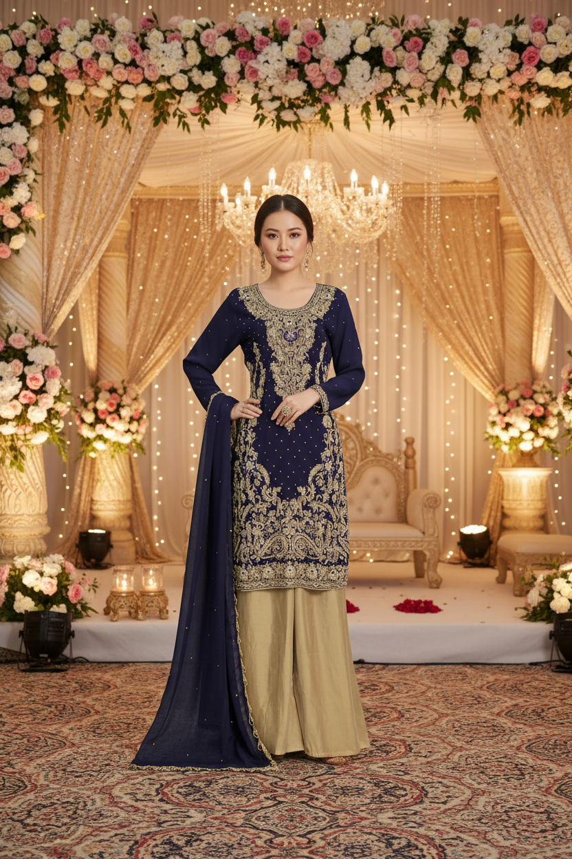 Navy Blue Handwork Chiffon Suit with Golden Raw Silk Palazzo KF-812