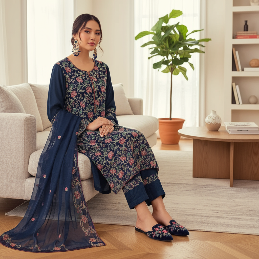 Navy Blue Embroidered Chiffon 3 Piece Party Suit with Raw Silk Trouser KF-547