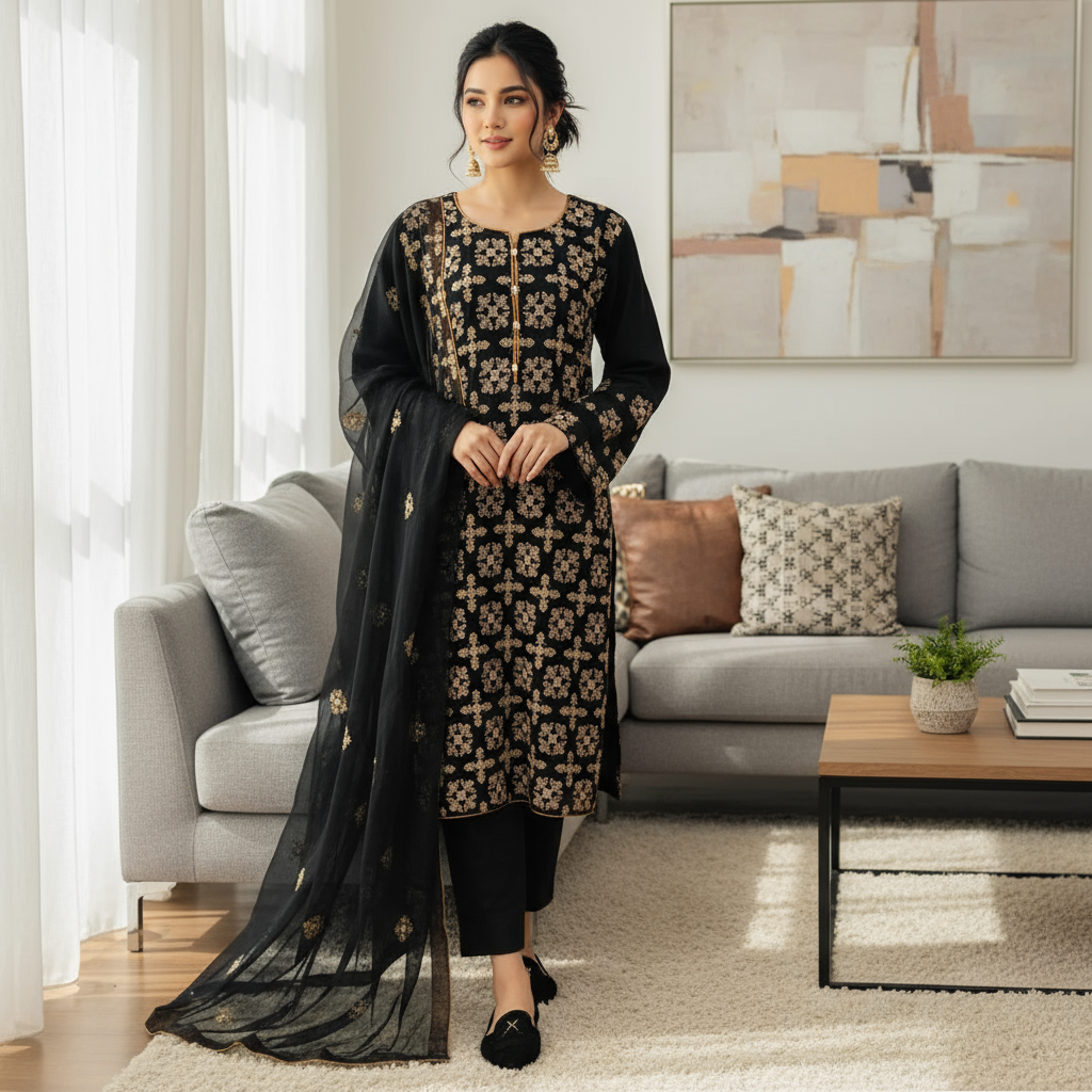 Black Embroidered Chiffon 3 Piece Party Suit with Raw Silk Trouser KF-550