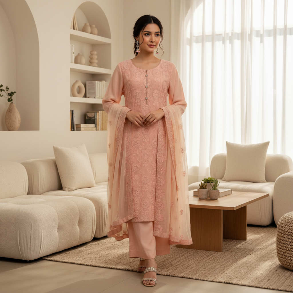 Light Pink Embroidered Chiffon 3 Piece Suit with Raw Silk Trouser KF-551