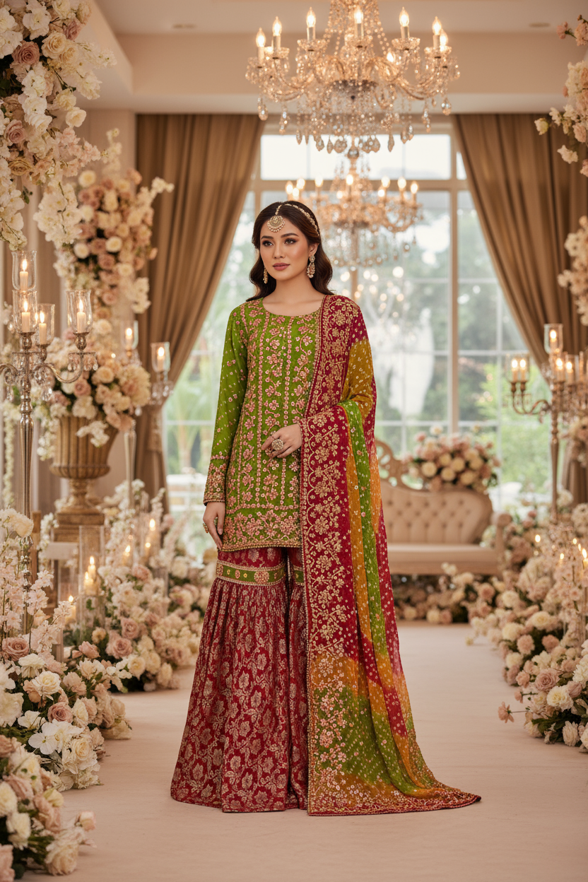 Green Gotta Hand Work Fancy Chiffon Gharara Suit with Banarsi Jamawar KF-800