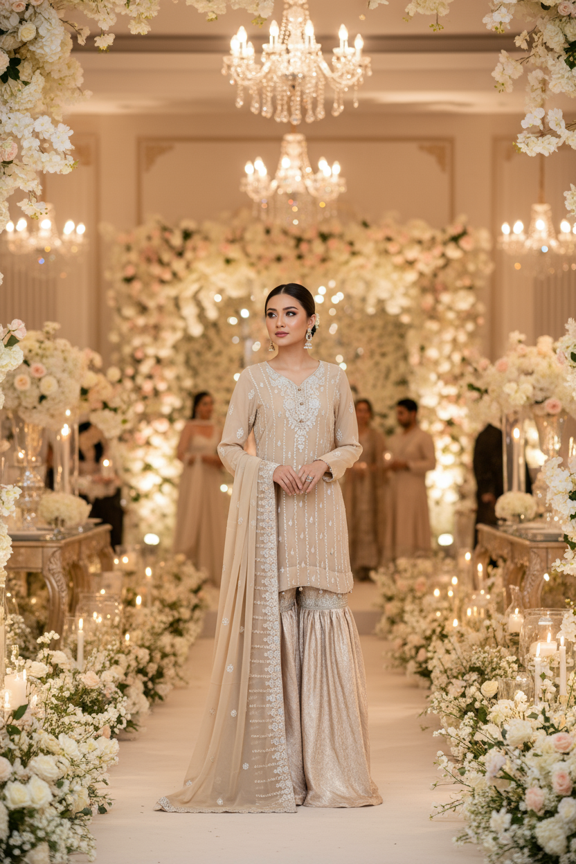 Almond Embroidered Pure Chiffon Gharara Suit with Jamawar KF-818