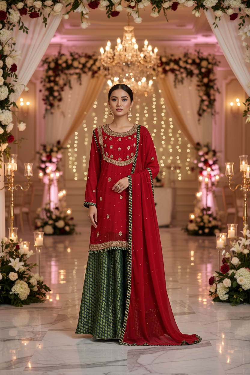 Red Handwork Chiffon Suit with Green Banarsi Jamawar Palazzo KF-808