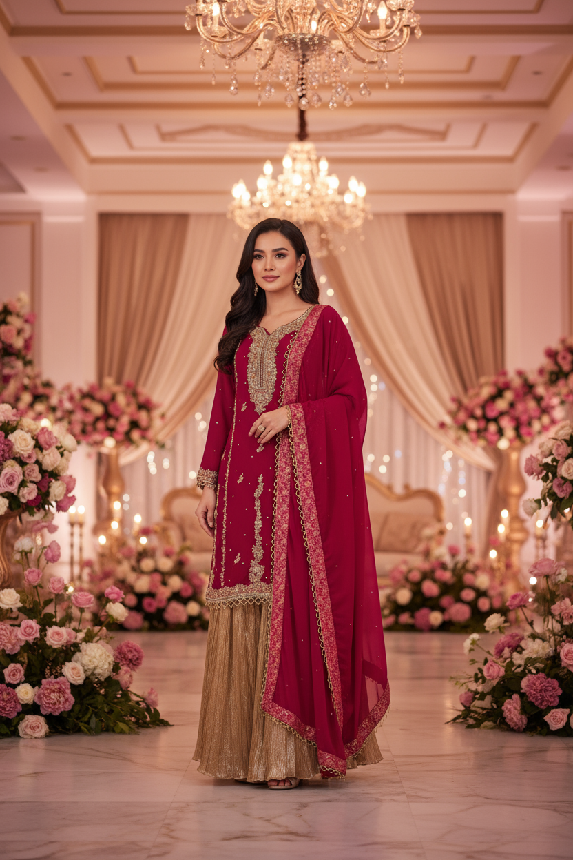 Reddish Pink Handwork Chiffon Suit with Golden Crush Palazzo KF-806