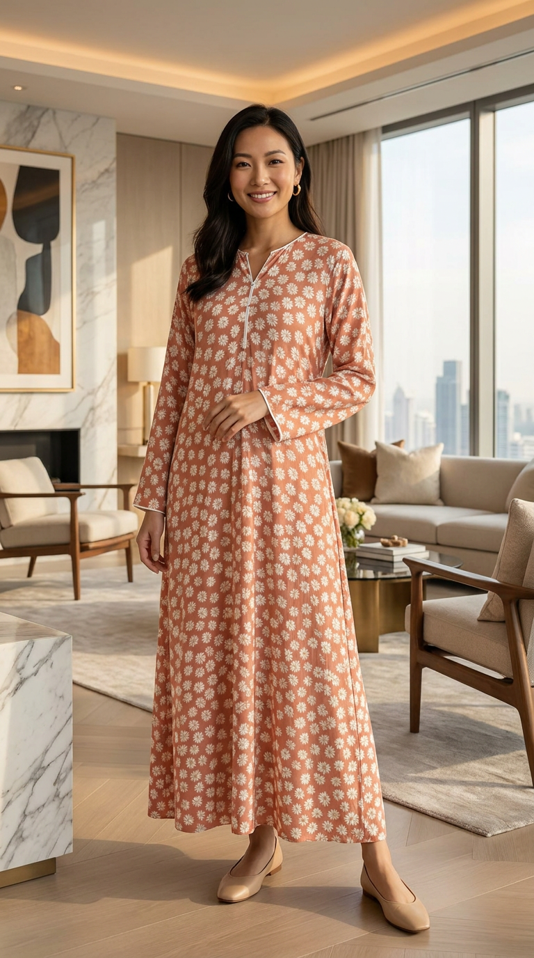 Peach Daisy Print Linen Maxi Dress KF-1220