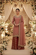 Tea Pink Handwork Chiffon Suit with Maroon Banarsi Jamawar Palazzo KF-813