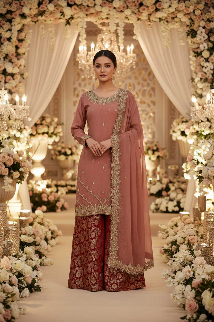 Tea Pink Handwork Chiffon Suit with Maroon Banarsi Jamawar Palazzo KF-813