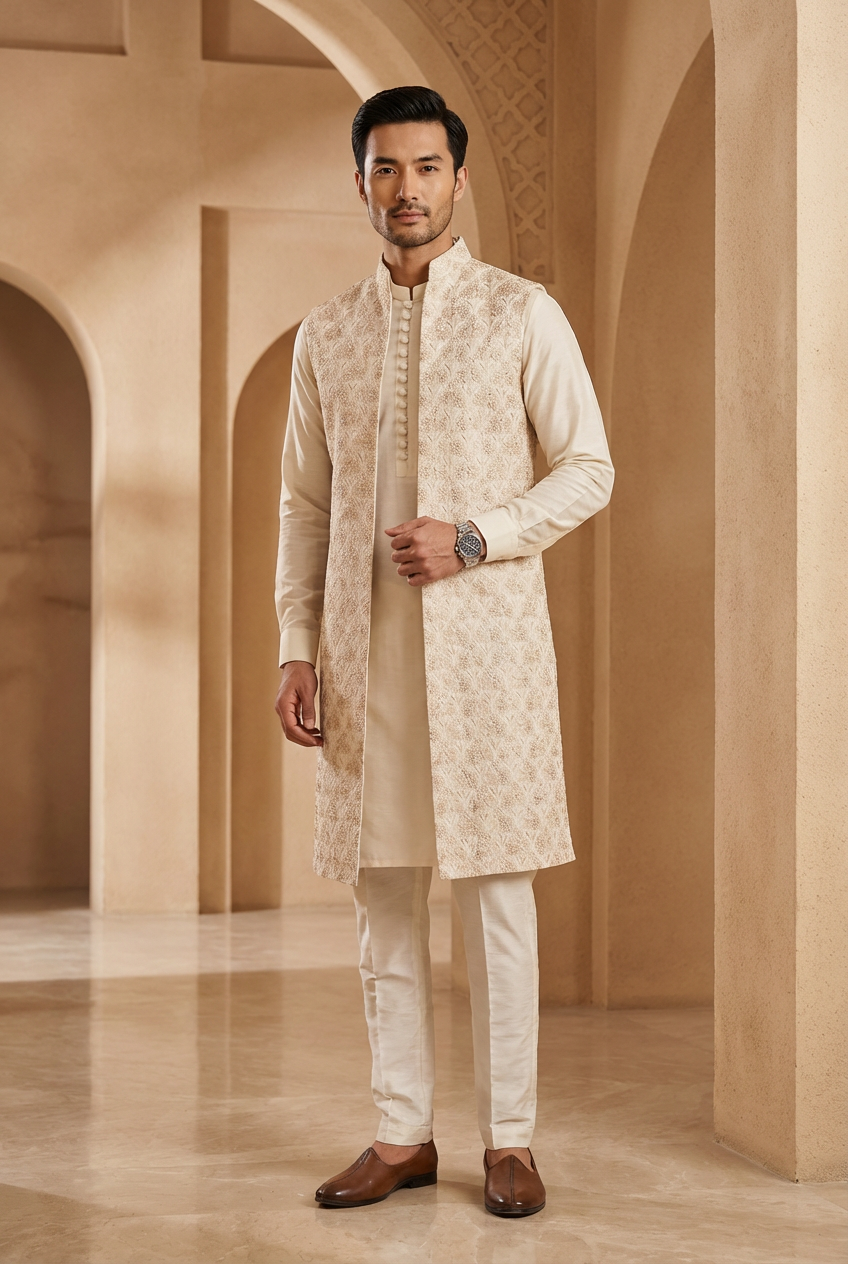 Men's Off White Embroidered Raw Silk Prince Coat with Kurta and Trouser KF-70
