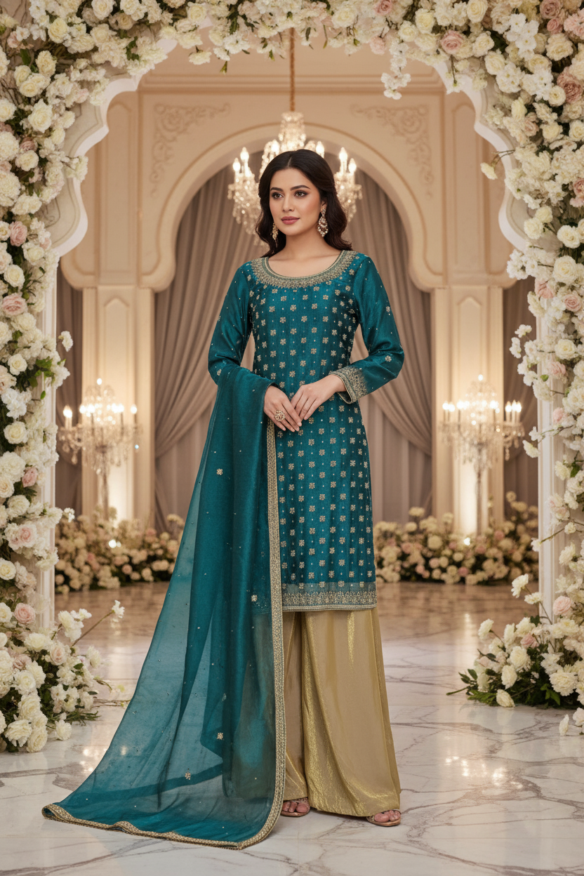 Sea Green Handwork Chiffon Suit with Shiny Raw Silk Palazzo KF-811