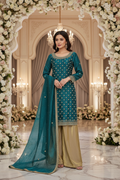 Sea Green Handwork Chiffon Suit with Shiny Raw Silk Palazzo KF-811