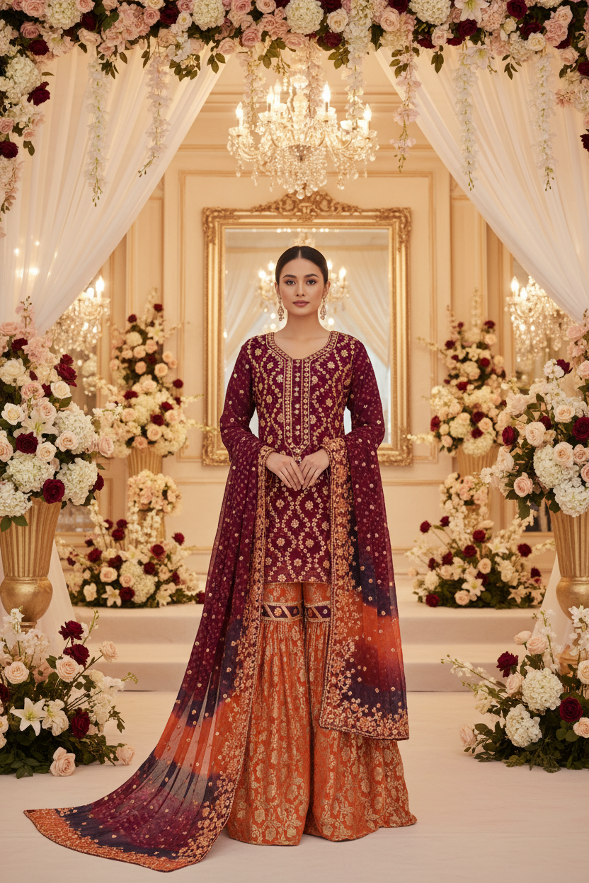 Maroon Gotta Hand Work Chiffon Gharara Suit with Banarsi Jamawar KF-803