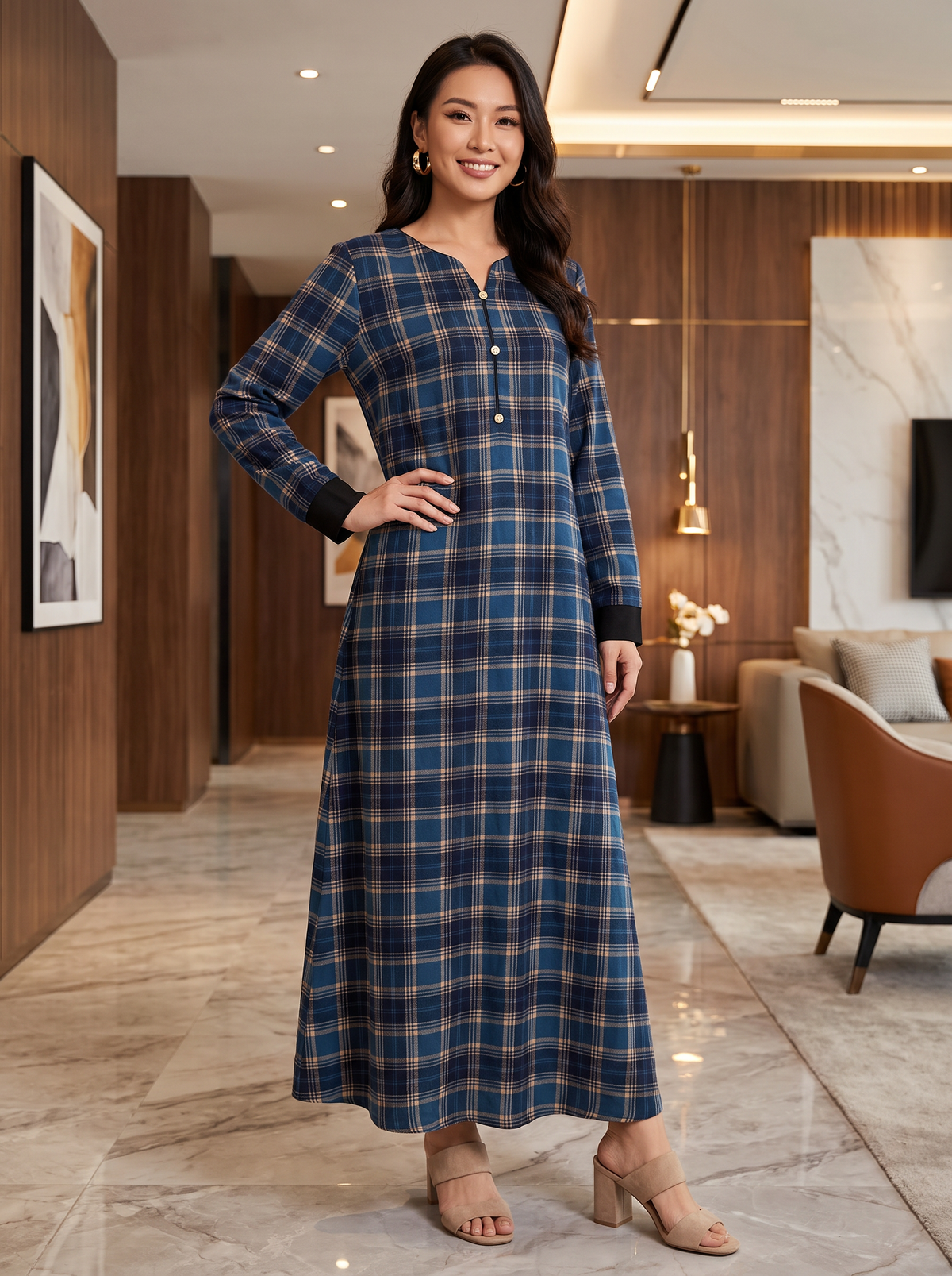 Navy and Tan Check Linen Maxi Dress KF-1050