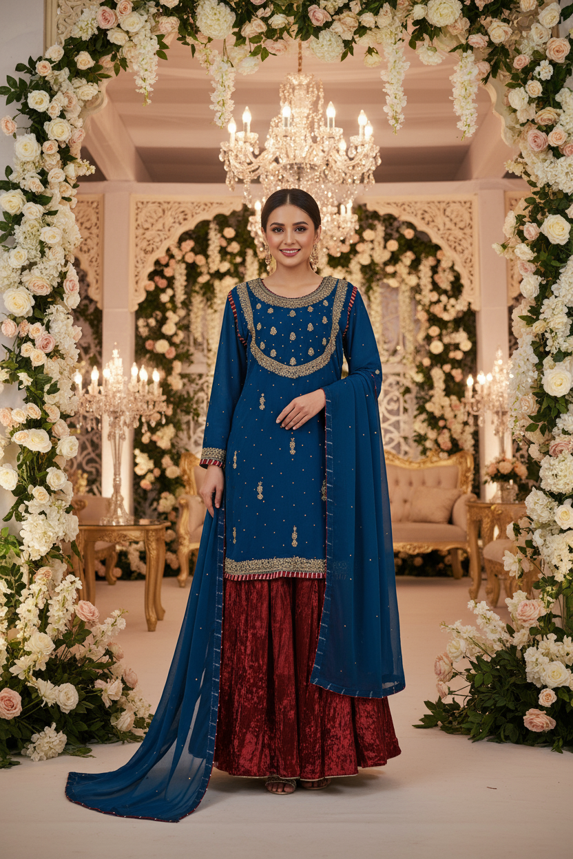 Blue Handwork Chiffon Suit with Maroon Crush Palazzo KF-809