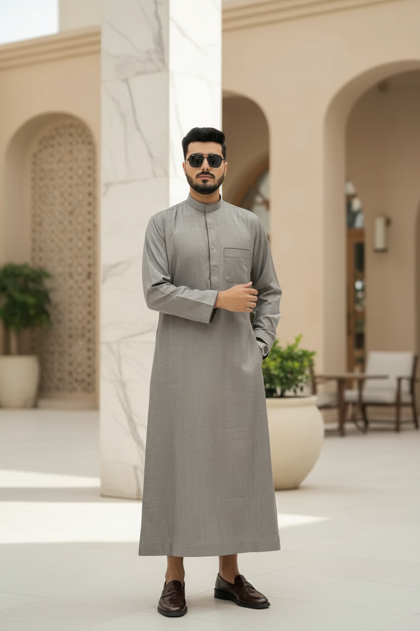 Men's Grey Thobe with Mandarin Collar, Thawb-010