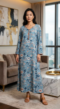 Dusty Blue Floral Print Georgette Maxi Dress KF-730