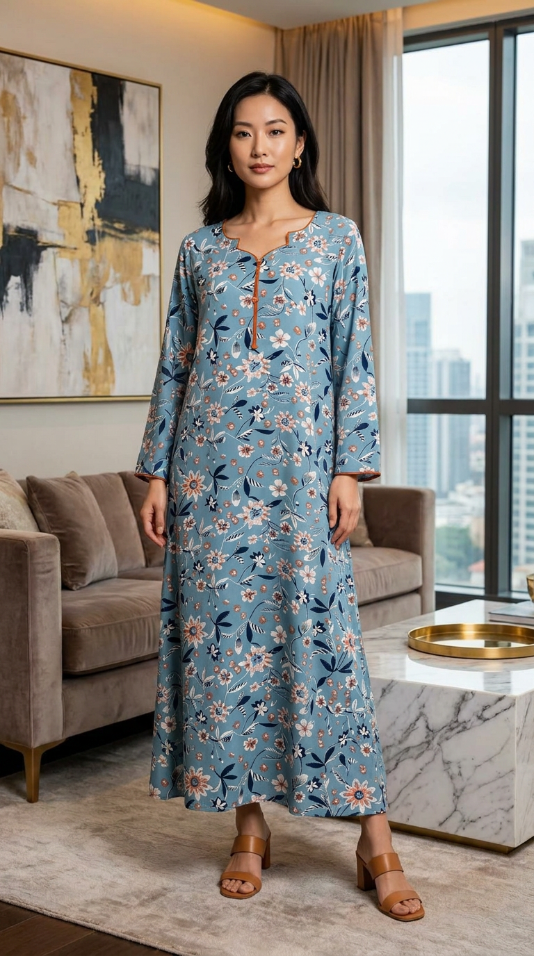 Dusty Blue Floral Print Georgette Maxi Dress KF-730