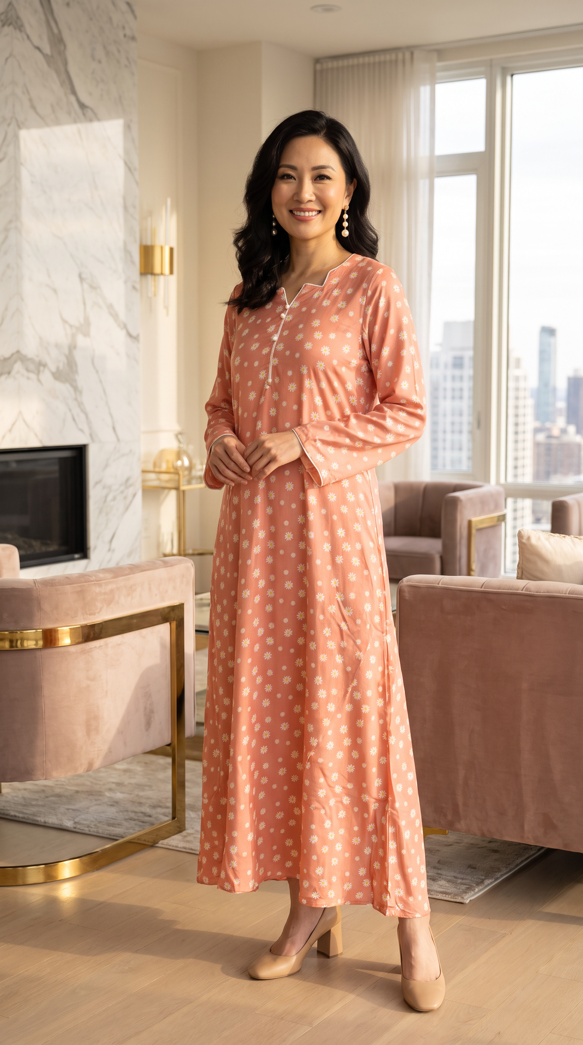 Dusty Pink Polka Dot Linen Maxi Dress KF-1230