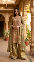 Olive Green Hand Gotta Work Chiffon Suit with Jamawar Kali Palazzo KF-1032