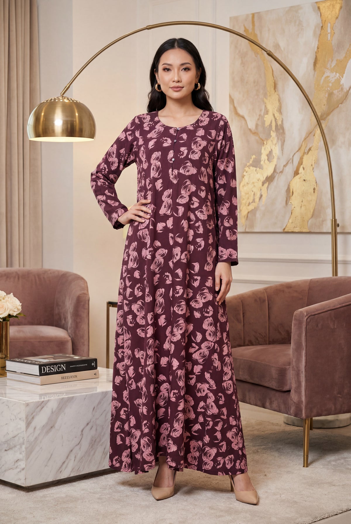 Plum Abstract Floral Print Georgette Maxi Dress KF-650