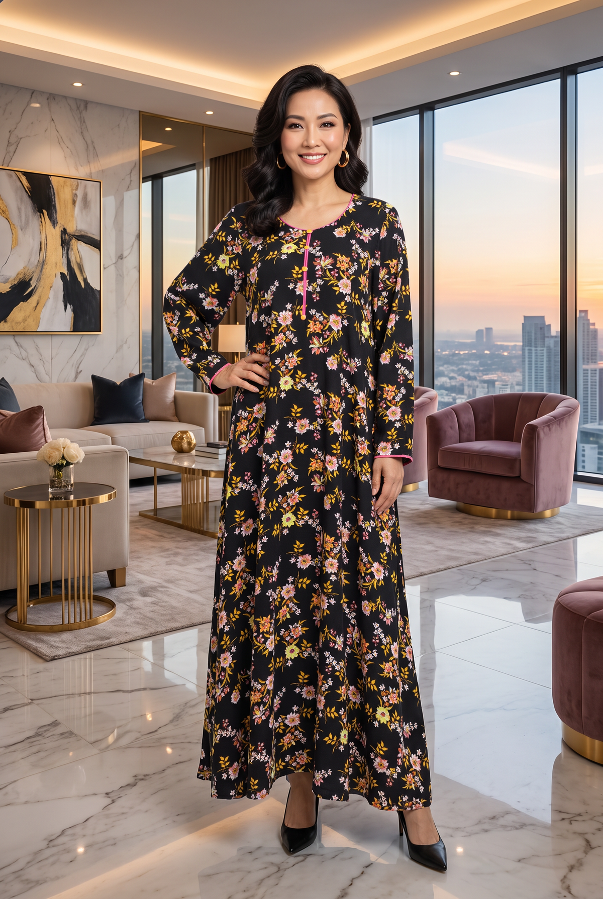 Black Floral Print Linen Maxi Dress with Tiered Skirt KF-1080