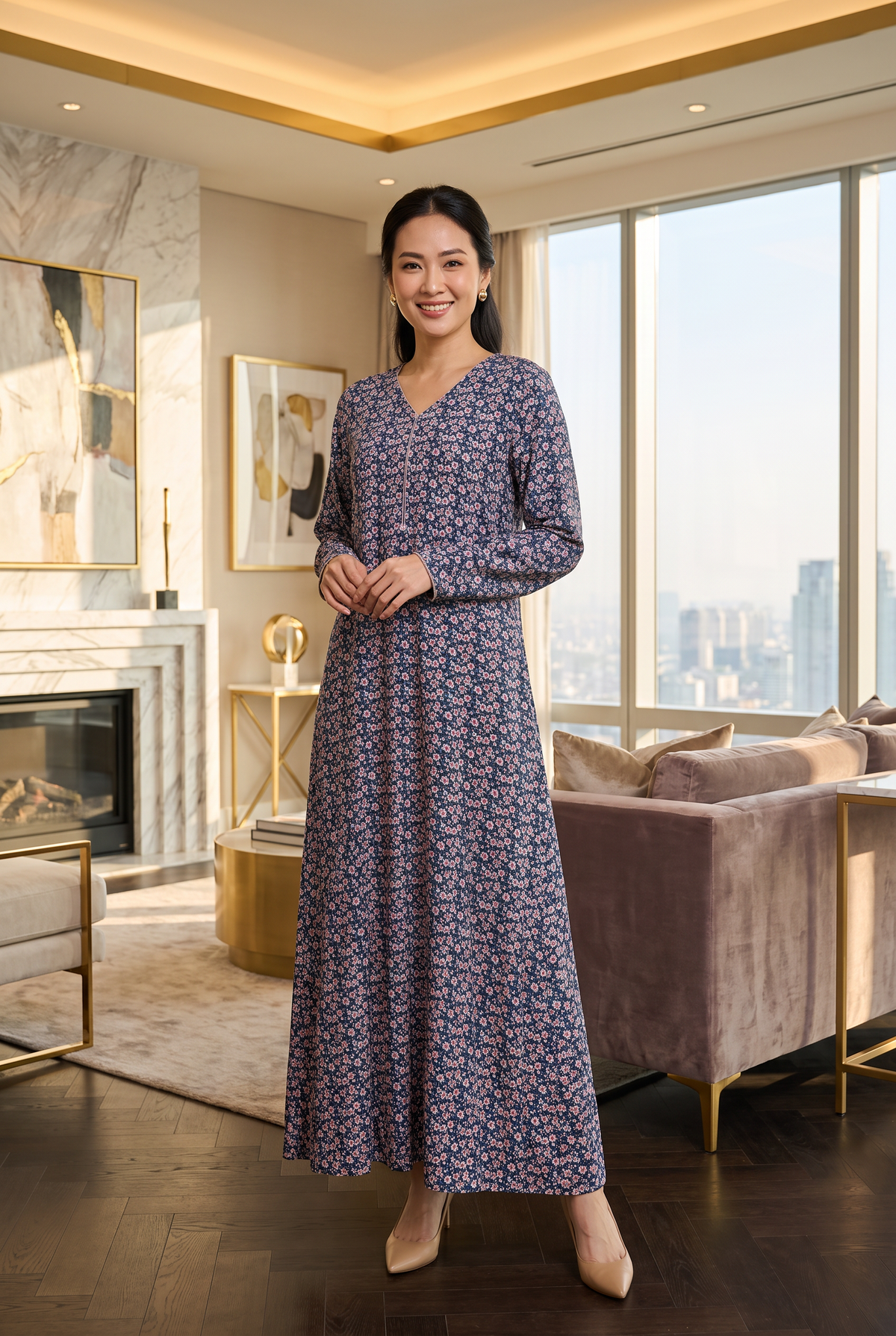 Grey Purple Ditsy Floral Print Linen Maxi Dress KF-1250