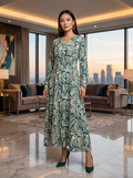 Green Tropical Leaf Print Georgette Maxi Dress KF-690