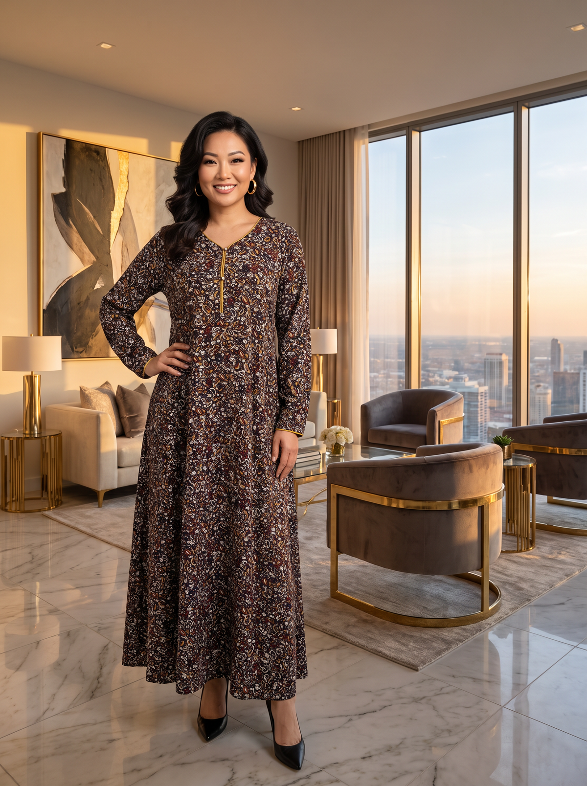 Dark Brown Ditsy Floral Print Linen Maxi Dress KF-1090
