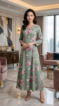 Sage Green Rose Print Georgette Maxi Dress KF-780