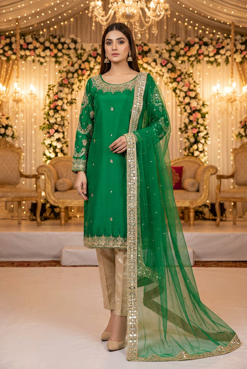 Green Tissue Suit with Hand Work, Crush Plazo and Jamawar Trouser KF-929