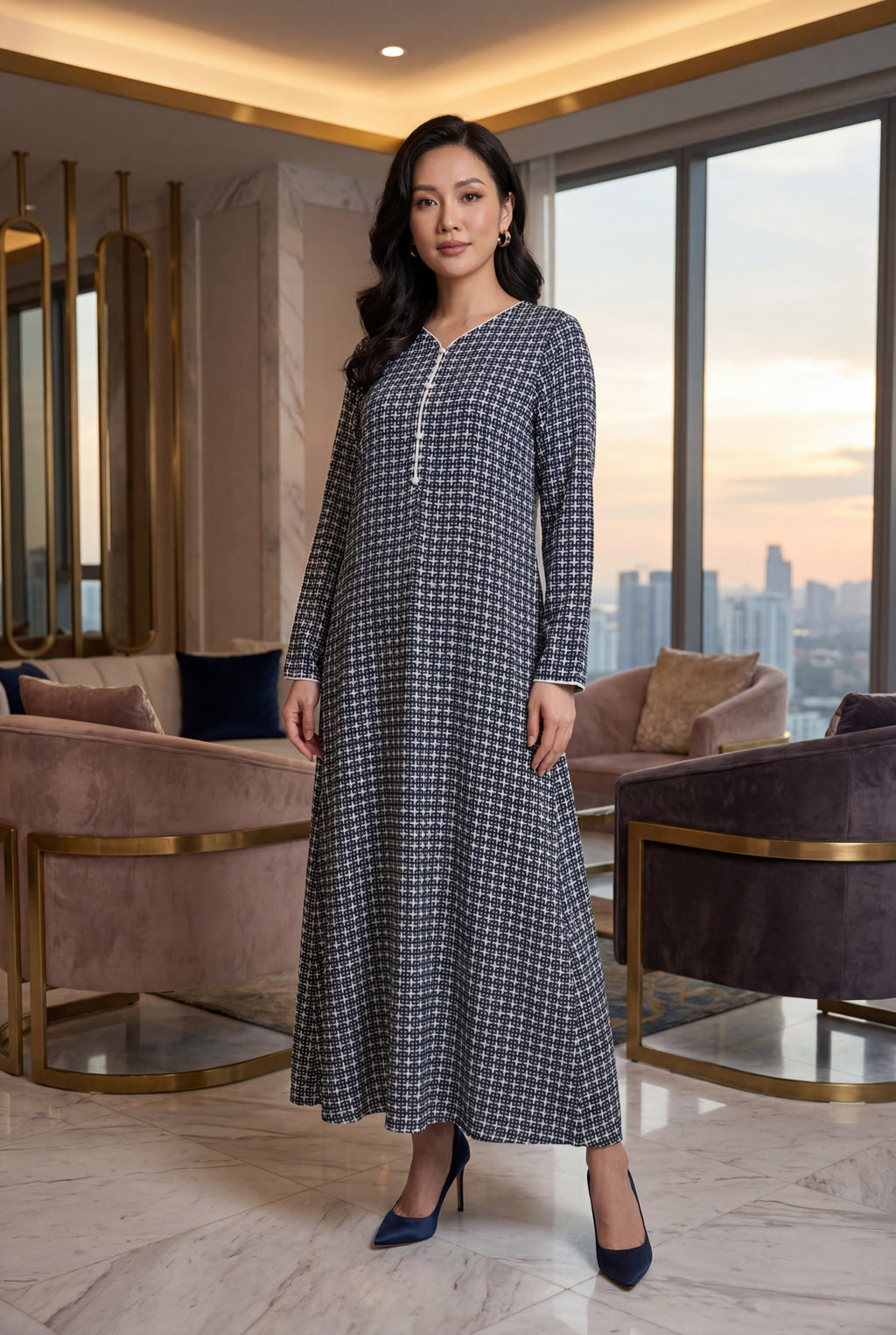 Grey Blue Check Print Georgette Maxi Dress KF-630