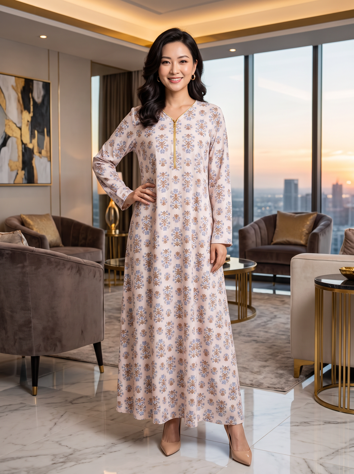 Cream Medallion Print Linen Maxi Dress KF-1140