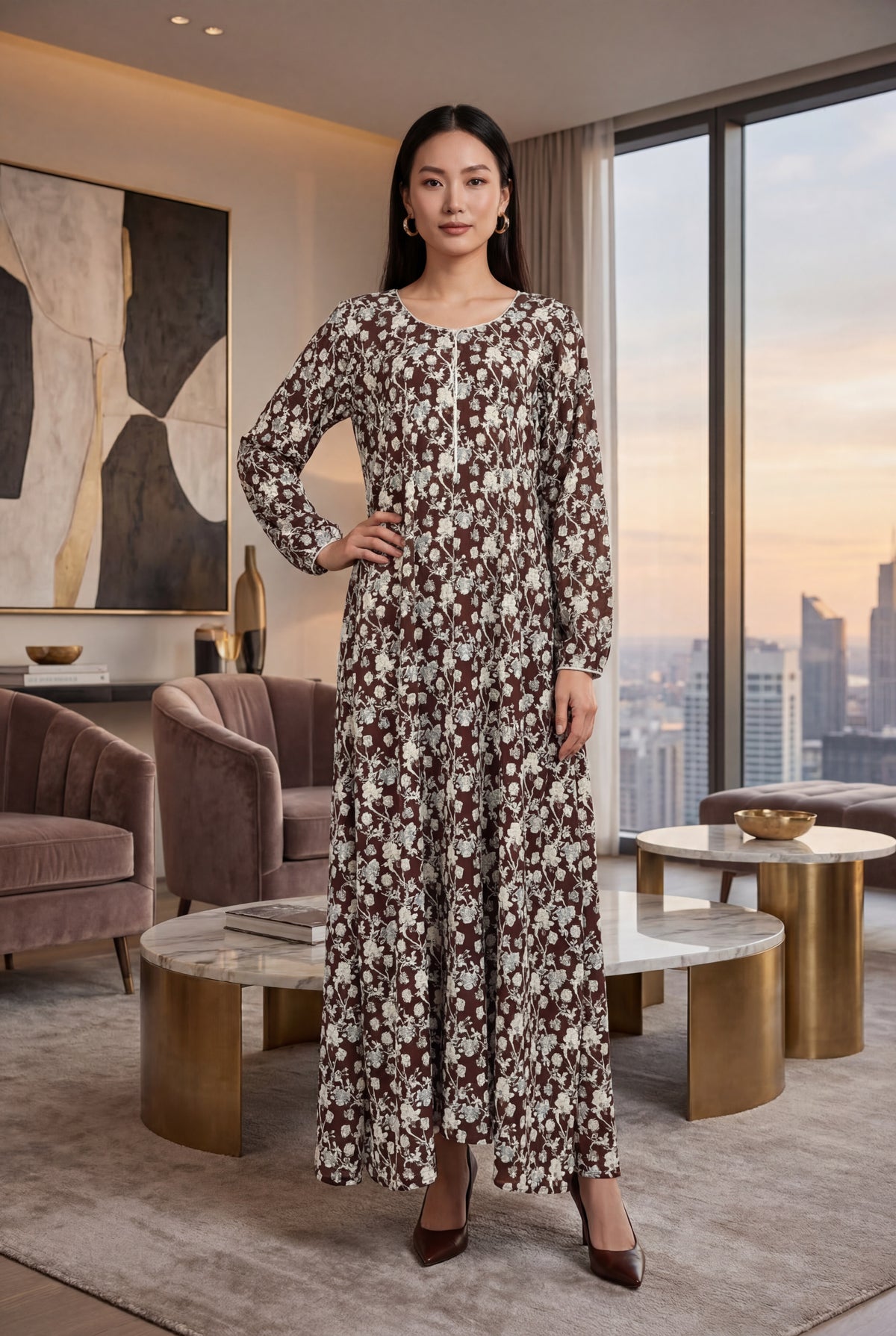 Brown and Cream Floral Print Georgette Maxi Dress KF-710
