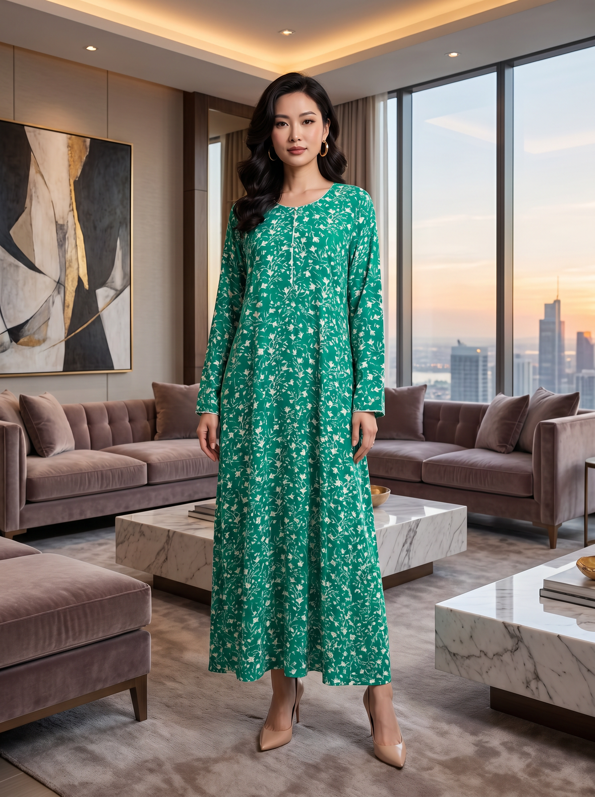 Green Ditsy Floral Print Linen Maxi Dress KF-486