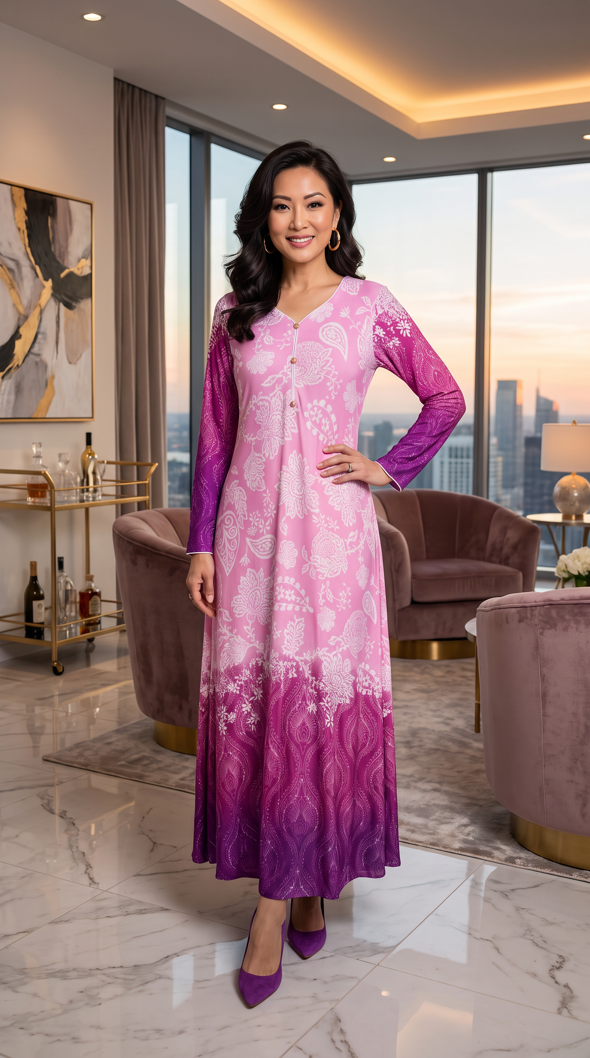 Pink Ombre Paisley Print Linen Maxi Dress KF-1170